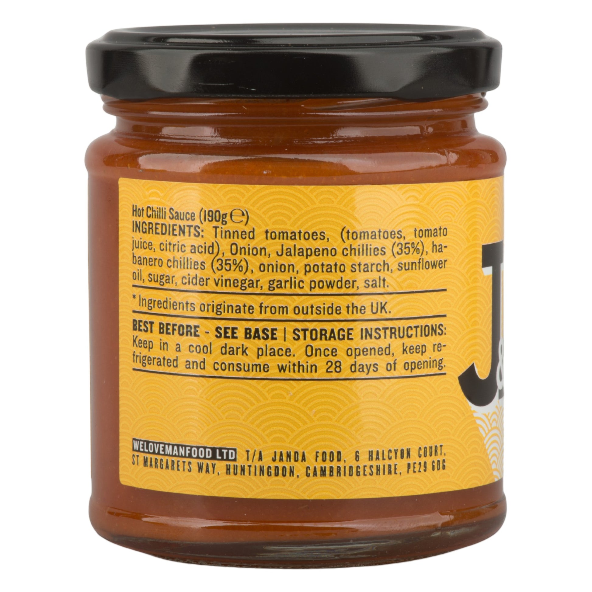 Janda Food hot chilli sauce jar showing ingredients list with aged jalapeno and habanero chillies