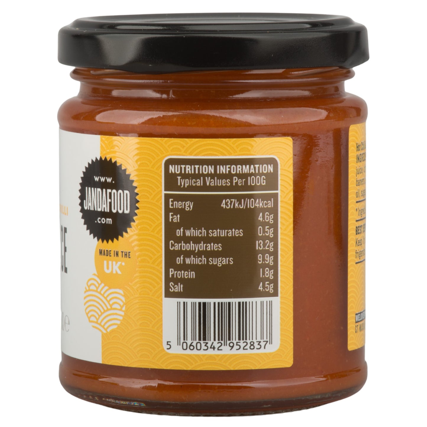 Janda Food hot chilli sauce jar showing nutrition information label and barcode on a yellow background