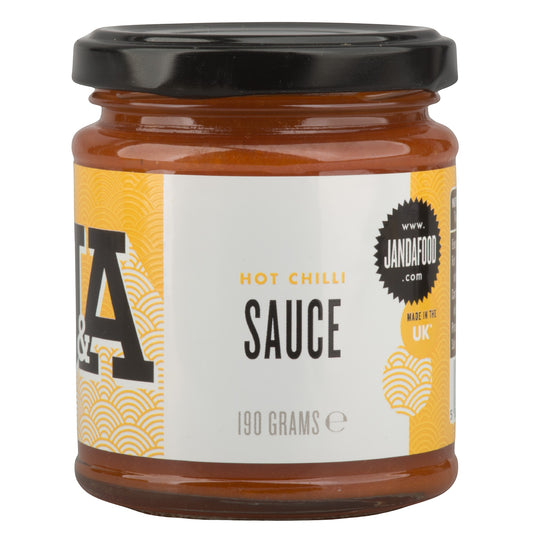 Janda Food hot chilli sauce in a 190g glass jar with a black lid, featuring aged red jalapeno and habanero chillies.