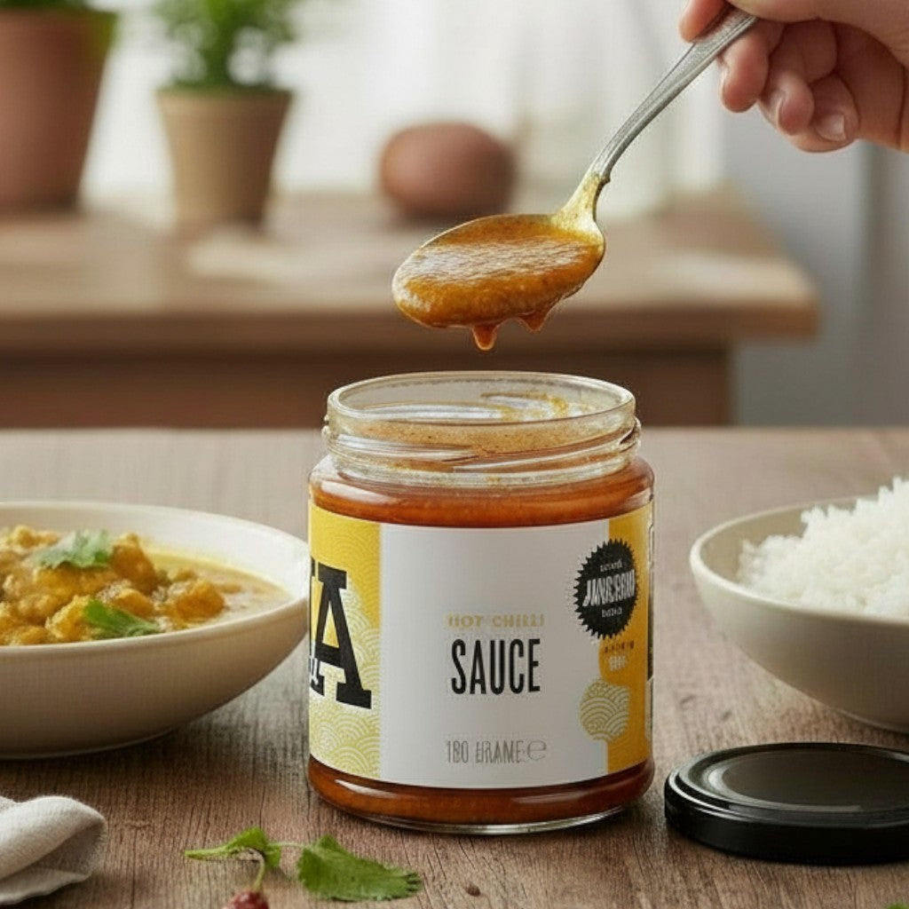 Janda Food hot chilli sauce in a glass jar with a spoonful of the red jalapeno and habanero sauce being served.