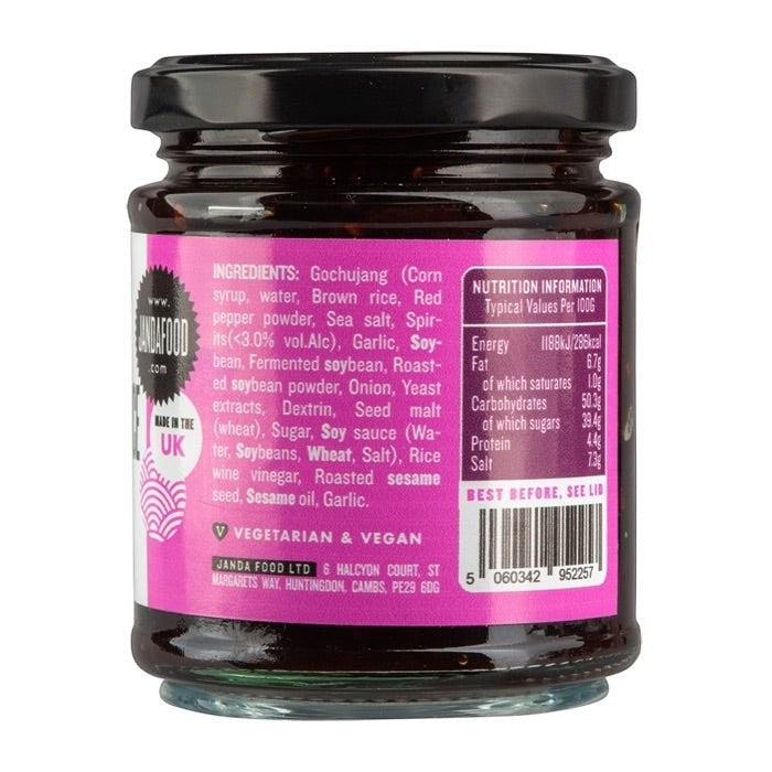 Janda Food Korean Barbecue Sauce jar showing ingredients and nutrition label on a pink background