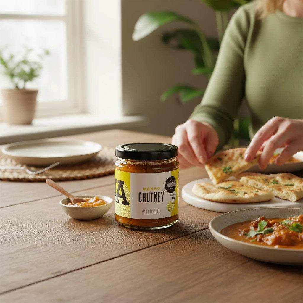 Janda Food Mango Chutney jar on a wooden table with naan bread and curry, perfect for Indian cuisine.