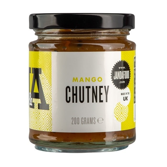 Janda Food Mango Chutney in a 200g glass jar with a yellow and white label, featuring chunky mango pieces.