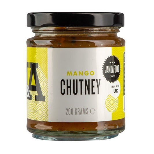 Janda Food Mango Chutney in a 200g glass jar with a yellow and white label, featuring chunky mango pieces.