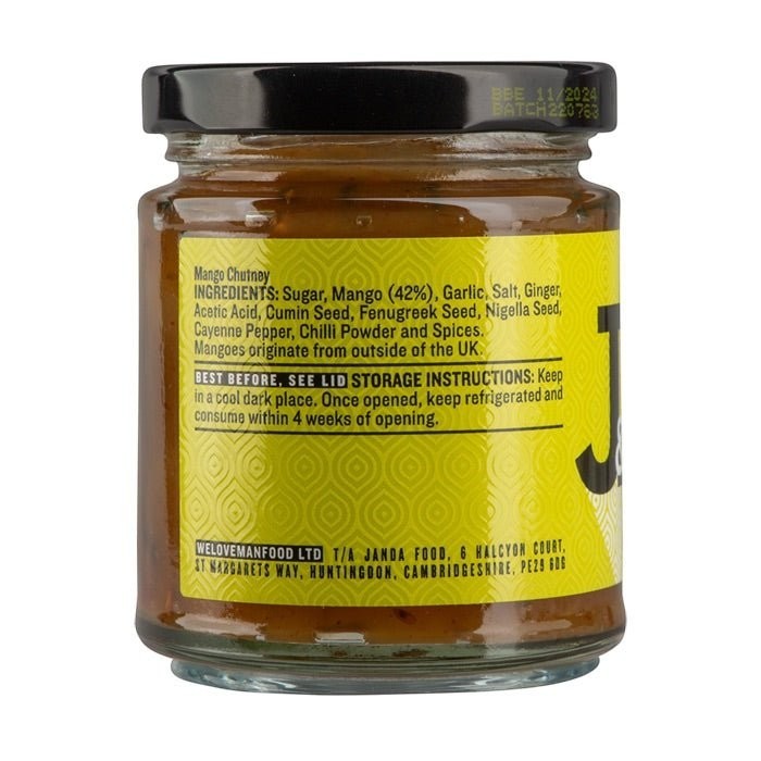 Janda Food Mango Chutney glass jar showing ingredients label with chunky mango pieces and delicate spices