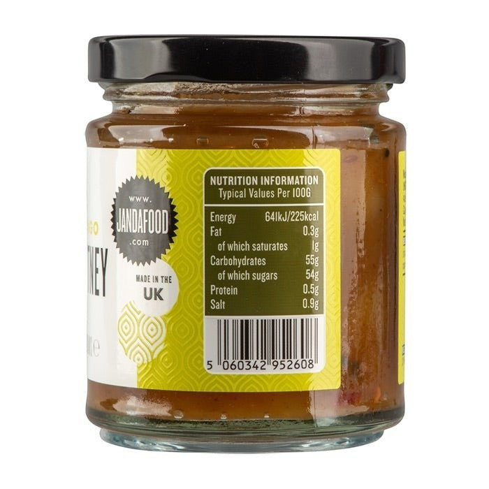 Janda Food Mango Chutney glass jar showing nutrition information label and barcode on a white background