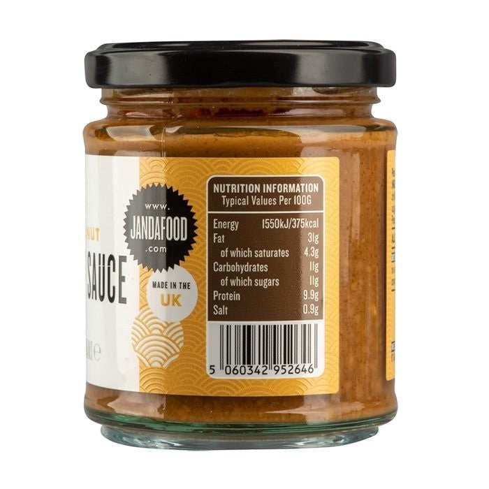 Janda Food Malaysian Peanut Satay Sauce jar showing nutrition label and ingredients on a white background