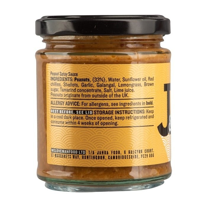 Janda Food Peanut Satay Sauce jar showing ingredients list and nutritional information on the back label