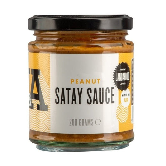 Janda Food Malaysian peanut satay sauce in a 200g glass jar with a yellow and white label