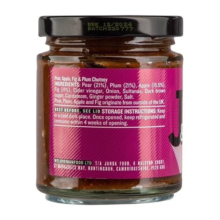 Janda Food Pear, Apple, Fig & Plum Chutney jar showing ingredient label and nutritional information
