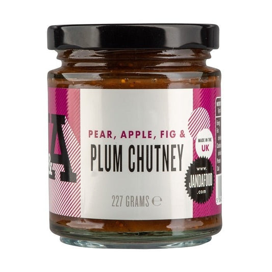 Janda Food Pear, Apple, Fig & Plum Chutney in a 227g glass jar with a white and purple label.