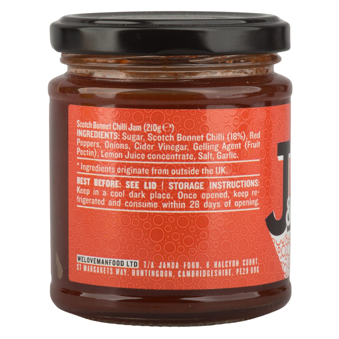 Janda Food Scotch Bonnet Chilli Jam in a glass jar showing the ingredients label with spicy red chilli relish.