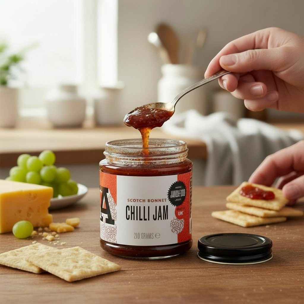 Janda Food Scotch Bonnet Chilli Jam being spooned onto a cracker with cheese and grapes on a wooden table.