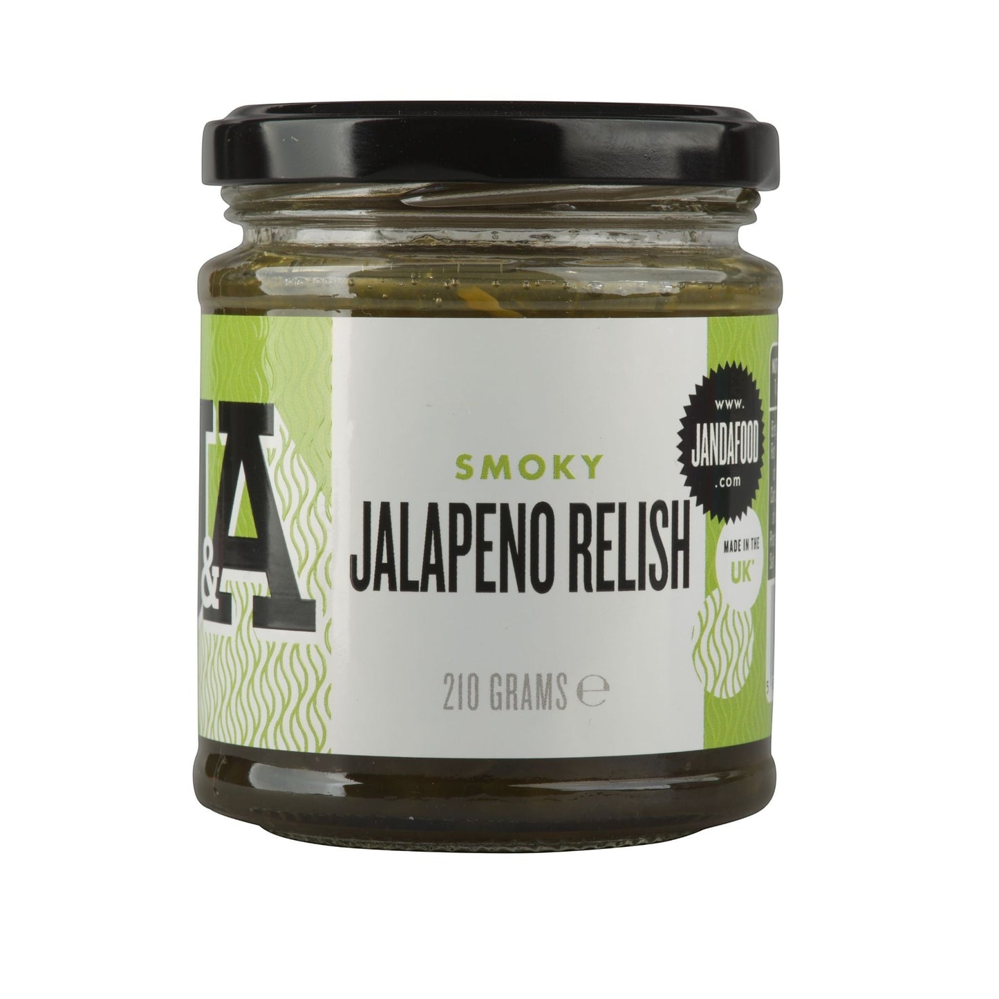 Janda Food Smoky Jalapeno Relish in a glass jar with a black lid and green label, perfect for spicy food lovers.