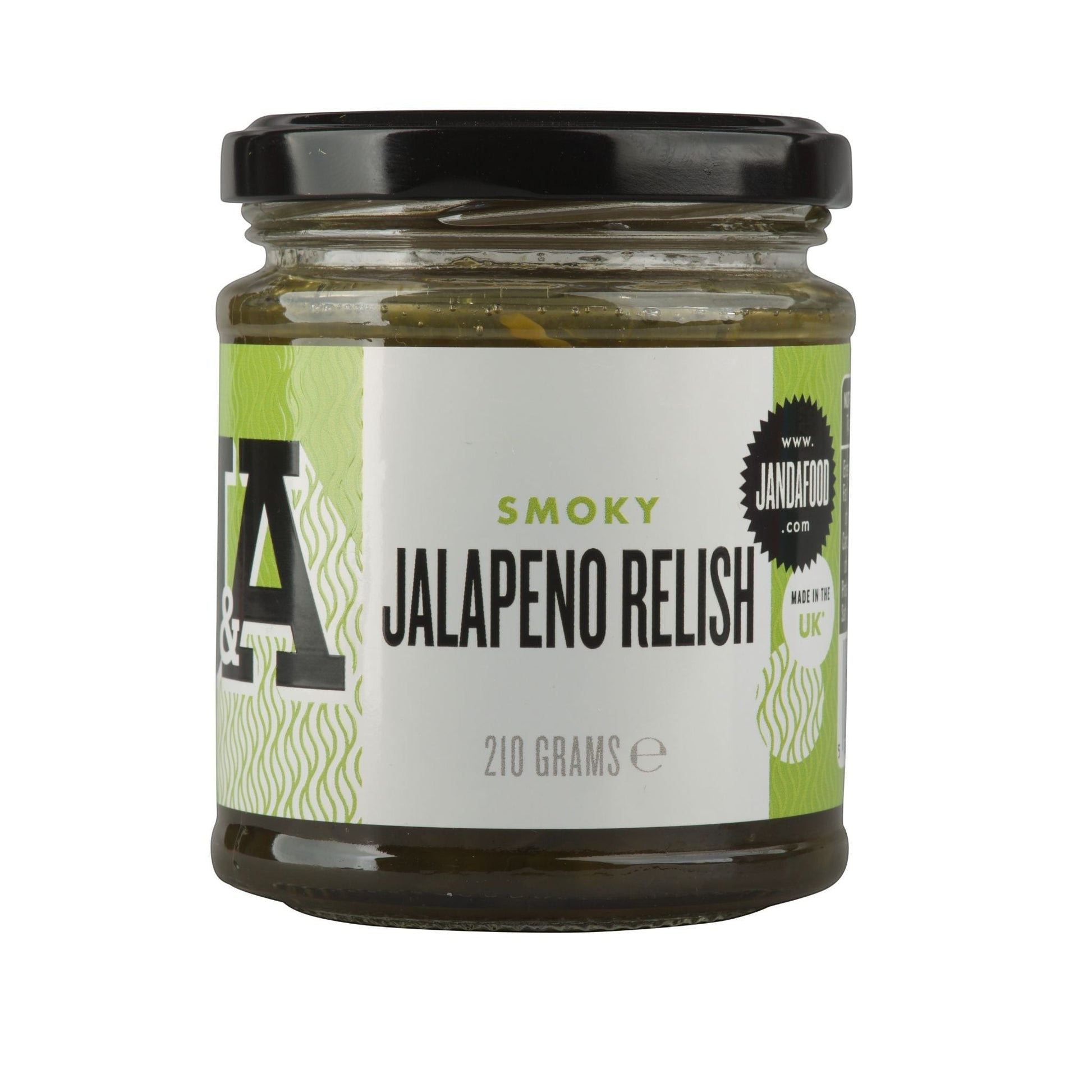 Janda Food Smoky Jalapeno Relish in a glass jar with a black lid and green label, perfect for spicy food lovers.