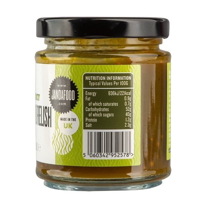 Janda Food Smoky Jalapeno Relish jar showing nutrition information label and barcode on a white background