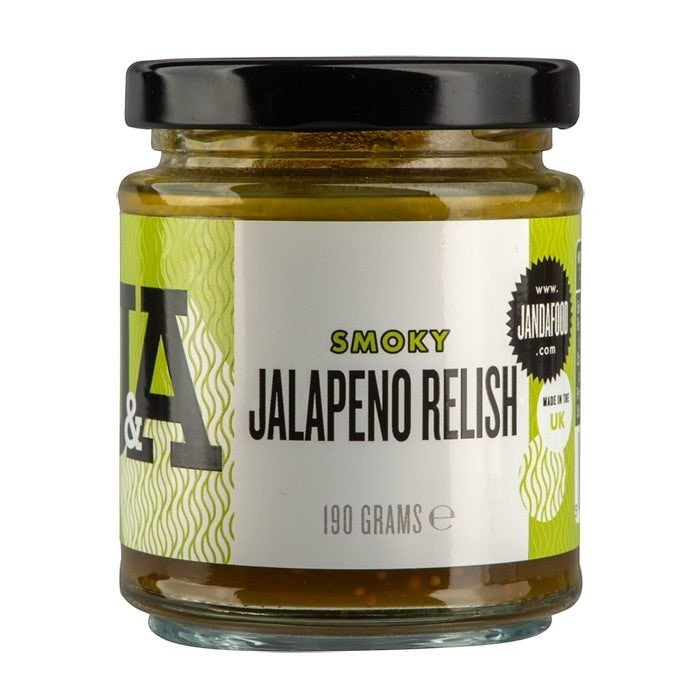Janda Food Smoky Jalapeno Relish in a glass jar with a black lid, featuring a green and white label.