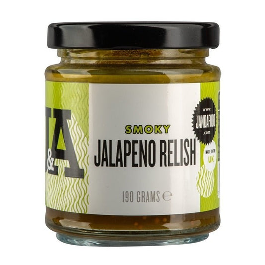 Janda Food Smoky Jalapeno Relish in a glass jar with a black lid, featuring a green and white label.