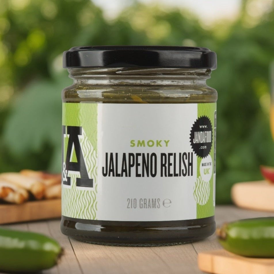 Janda Food Smoky Jalapeno Relish in a glass jar with a green and white label, featuring aged green jalapeno peppers.