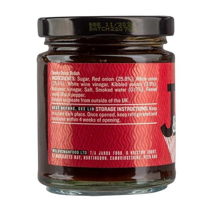 Janda Food Smoky Onion Relish in a 215g glass jar showing the ingredient label and red branding on the back