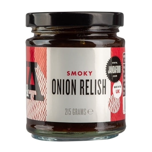Janda Food Smoky Onion Relish in a 215g glass jar with a white label featuring red accents and bold black text.