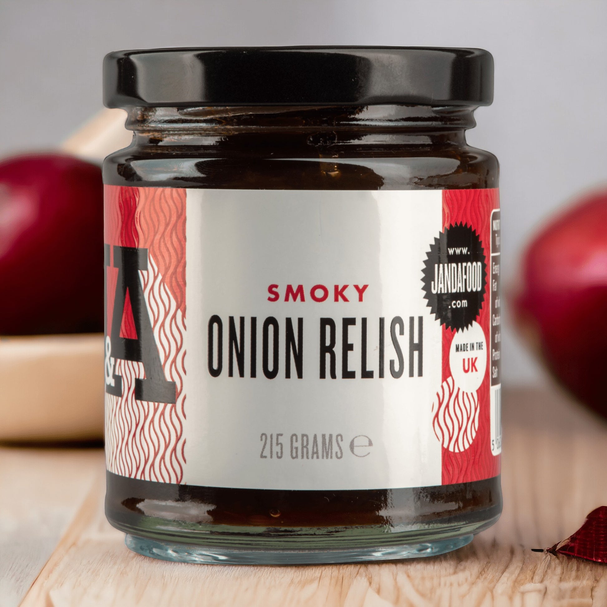 Janda Food Smoky Onion Relish in a 215g glass jar with a white and red label, perfect for gourmet cheese pairings.