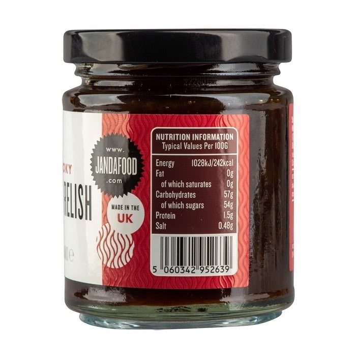 Janda Food Smoky Onion Relish in a 215g glass jar showing nutrition label and Made in the UK branding