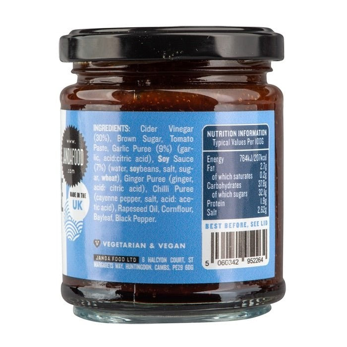 Janda Food Soy, Chilli & Garlic Sauce label showing ingredients and nutrition information on a glass jar