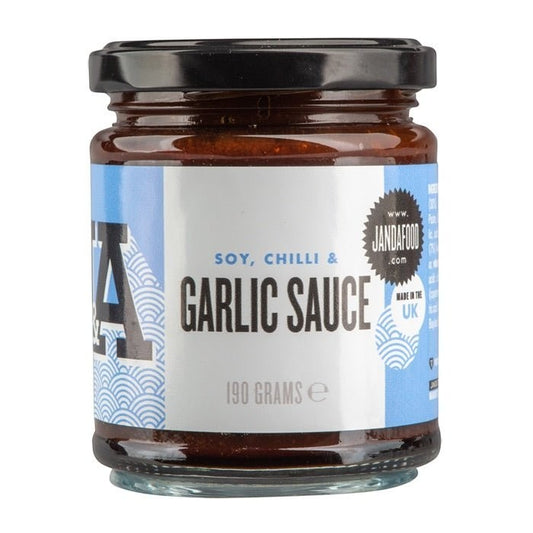 Janda Food handmade vegan soy, chilli and garlic sauce in a 190g glass jar with a blue and white label.