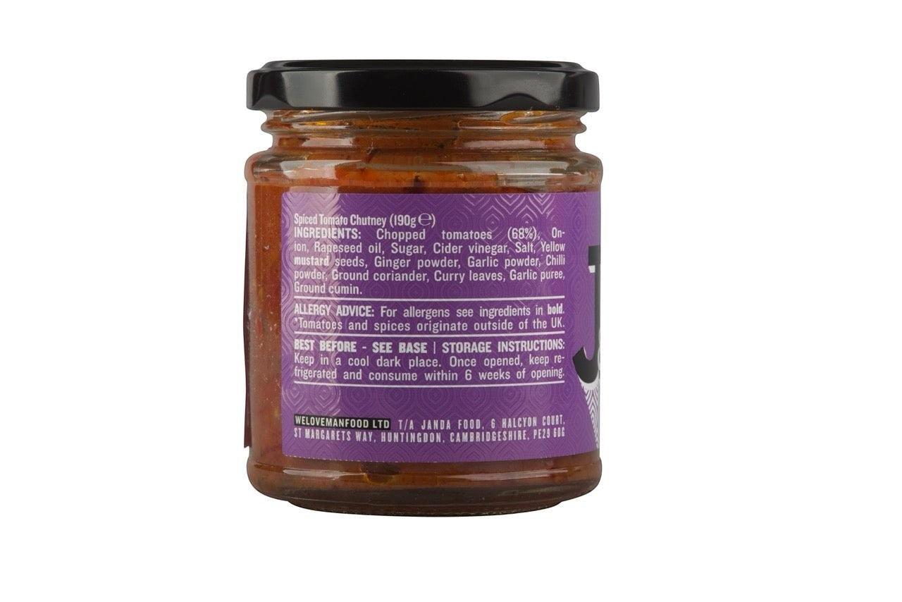 Janda Food spiced tomato chutney jar showing ingredients and nutritional information on a purple label