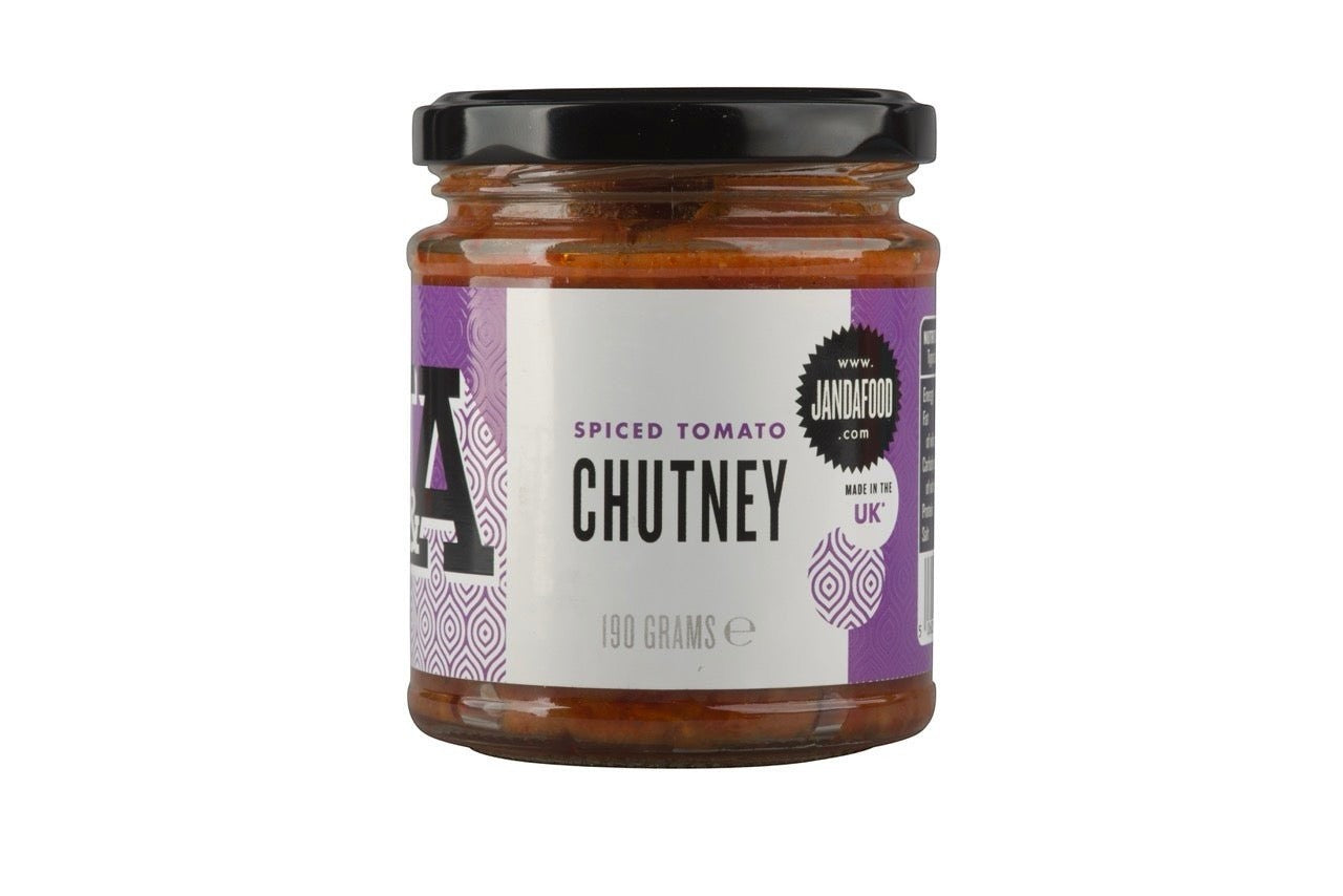 Janda Food spiced tomato chutney in a glass jar with a purple label, hand-bottled in the UK.