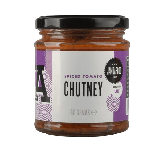 Janda Food spiced tomato chutney in a glass jar with a purple label, hand-bottled and made in the UK.