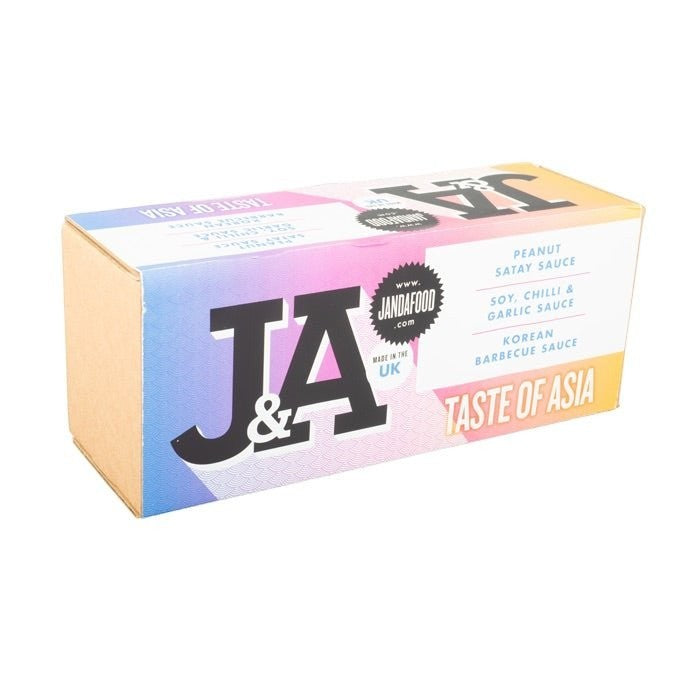 Janda Food Taste of Asia gift box featuring three vegan sauces in a colourful gradient cardboard packaging