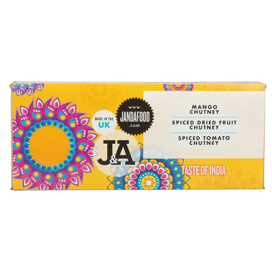 Janda Food Taste of India gift box featuring vibrant yellow packaging with three handcrafted chutney varieties.