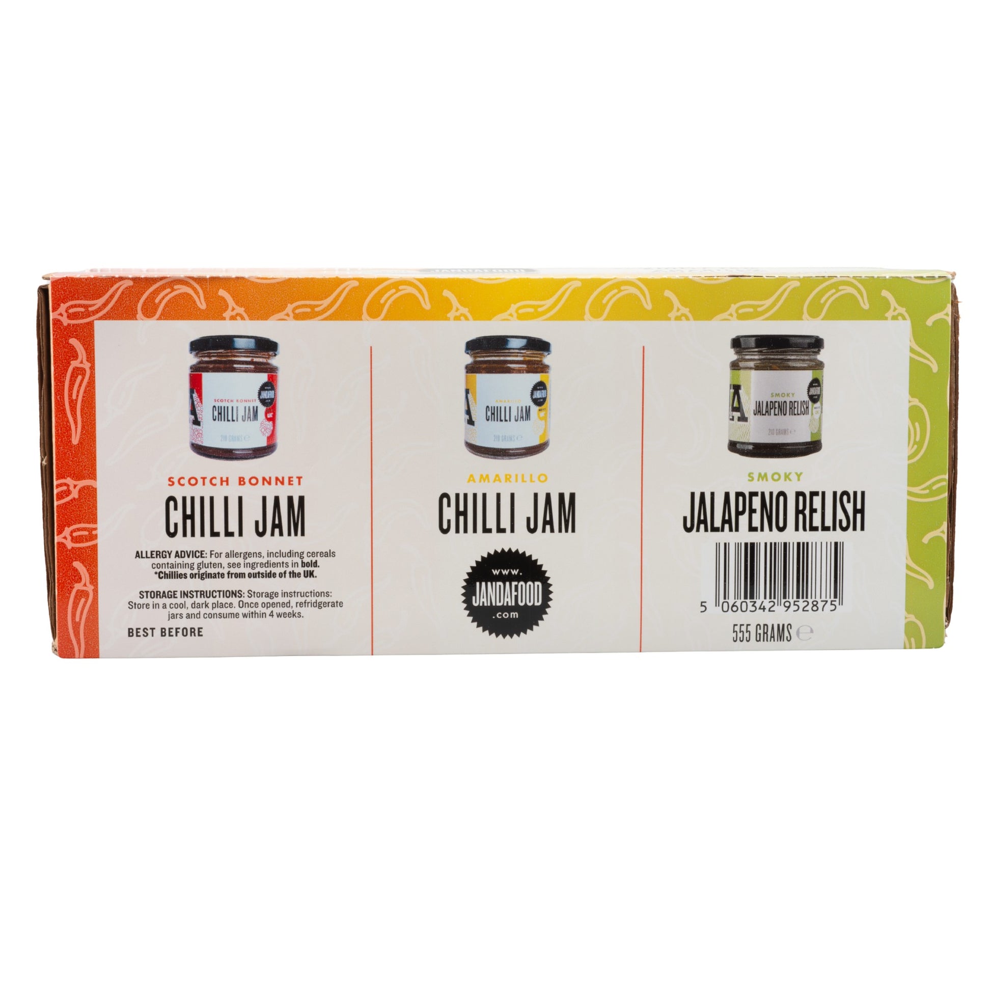 Janda Food Traffic Chilli Jam Gift Box featuring three jars of Scotch Bonnet, Amarillo, and Smoky Jalapeno condiments.