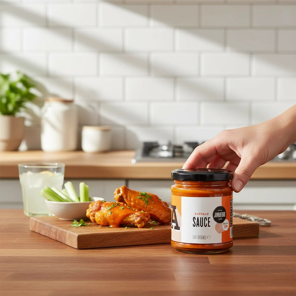 Janda Food vegan buffalo sauce jar next to a wooden board with spicy chicken wings and celery sticks in a kitchen.