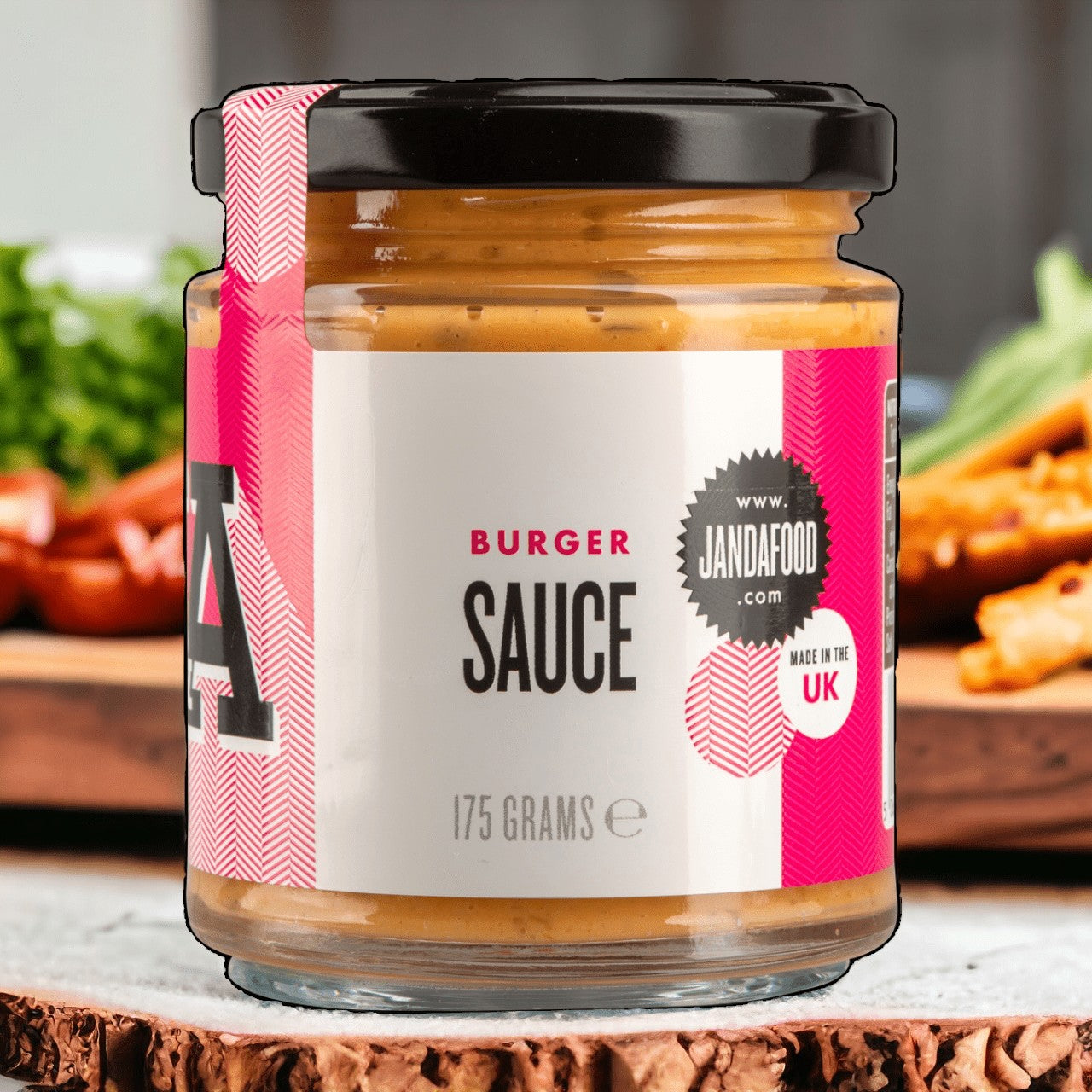 Janda Food vegan burger sauce in a 175g glass jar with a pink and white label, made in the UK.