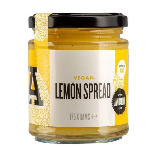 Janda Food vegan lemon spread in a 175g glass jar with a yellow and white label, featuring a creamy citrus texture.