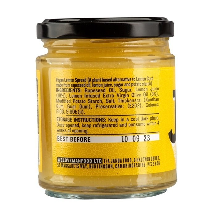 Janda Food Vegan Lemon Spread jar showing ingredients list and storage instructions on a yellow label