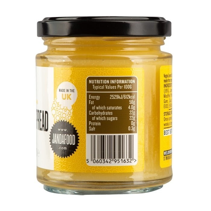 Janda Food vegan lemon spread in a glass jar showing the nutrition label and UK origin on the back
