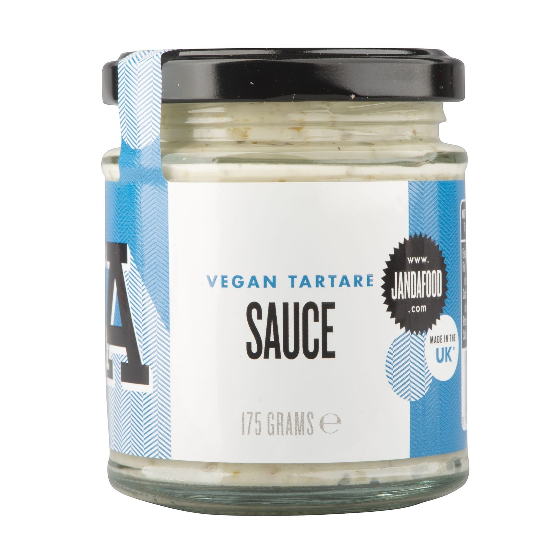 Janda Food vegan tartare sauce in a small glass jar with blue and white label featuring gherkins, lemon, and capers.