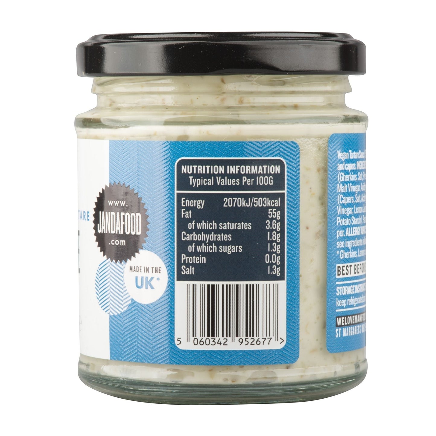 Janda Food vegan tartare sauce glass jar showing nutrition information label and UK made branding