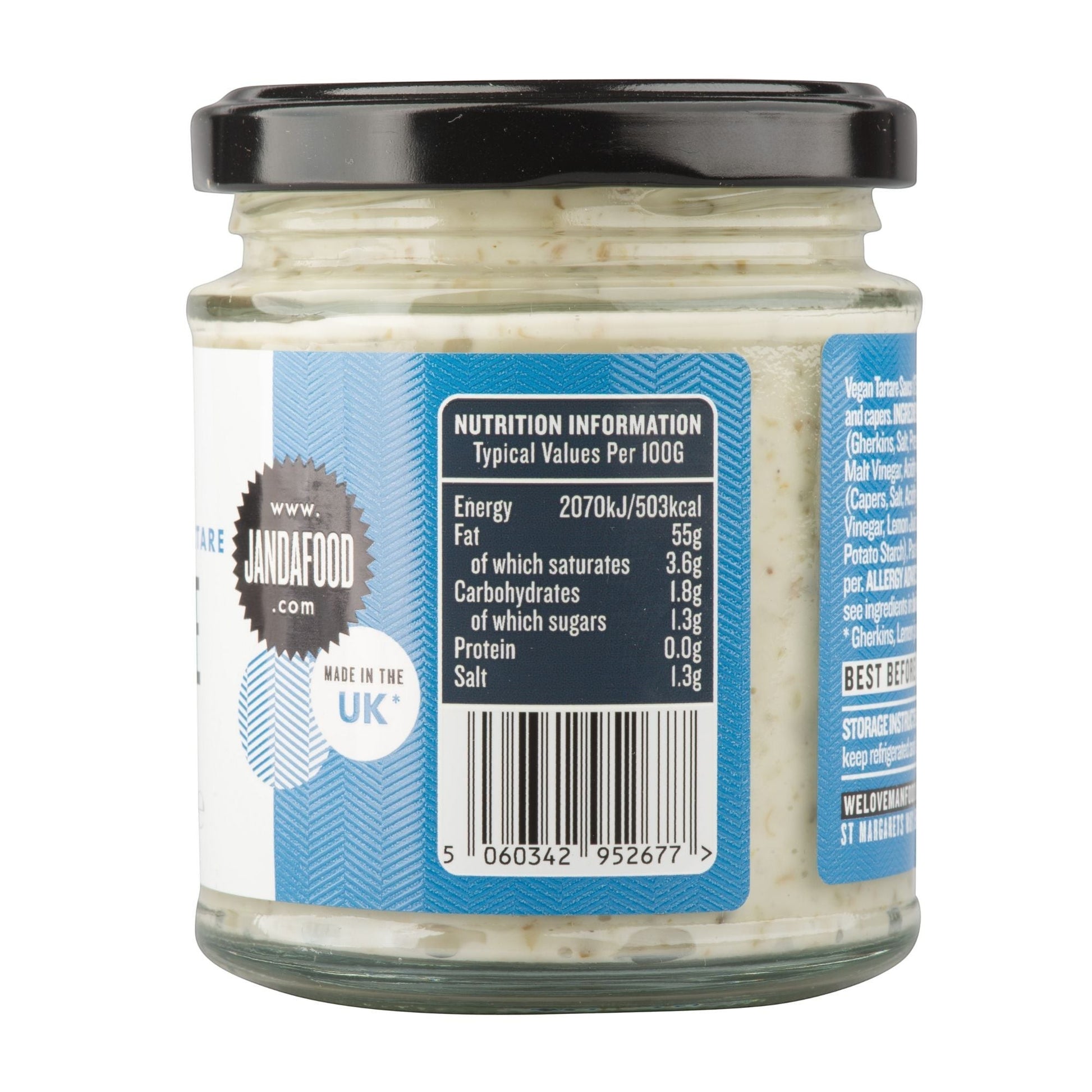 Janda Food vegan tartare sauce glass jar showing nutrition information label and UK made branding
