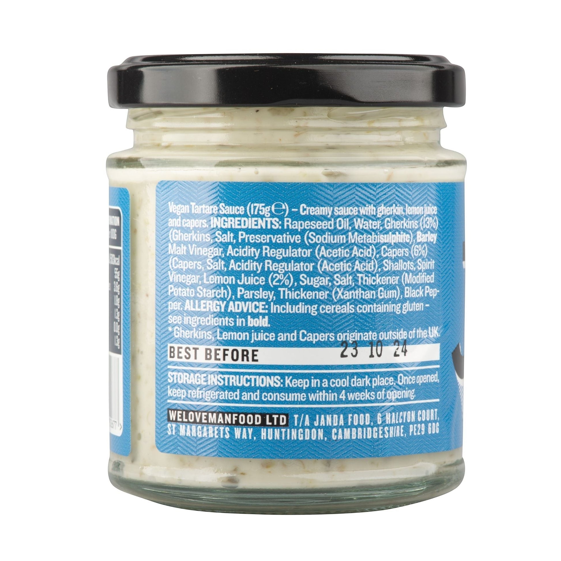 Janda Food vegan tartare sauce in a glass jar showing ingredients list, including gherkins, lemon, and capers.