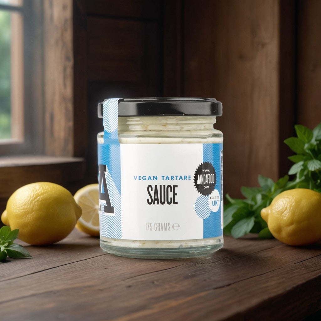 Janda Food vegan tartare sauce in a glass jar with fresh lemons on a rustic wooden table.