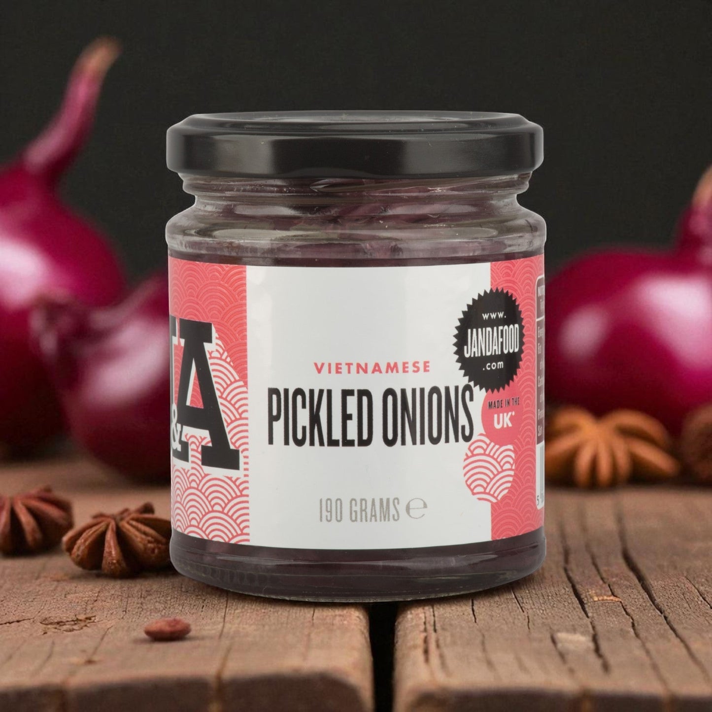 Janda Food Vietnamese pickled red onions in a 190g glass jar with spiced red wine vinegar marinade