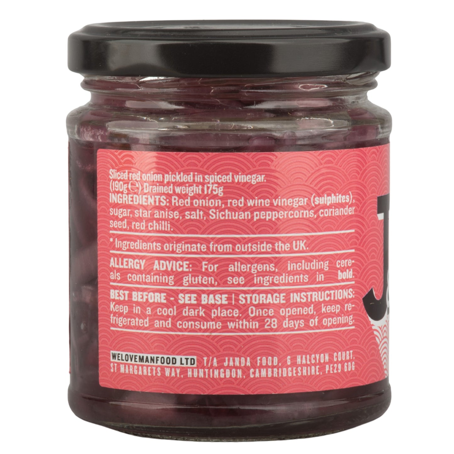 Janda Food Vietnamese pickled red onions in a glass jar with spiced red wine vinegar marinade and ingredient label.