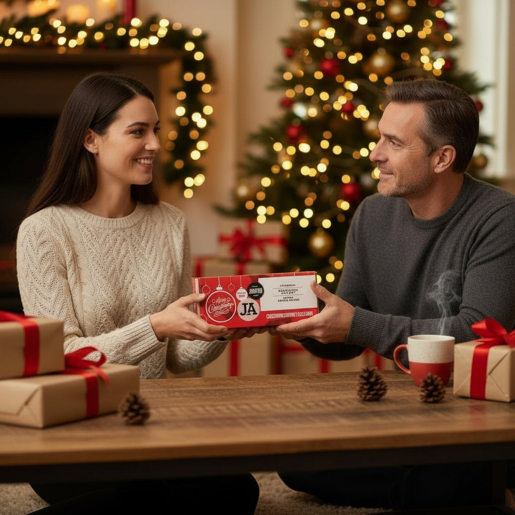 Man and woman exchanging gifts in a festive setting with Christmas tree and decorations. Holding a J&A Christmas Chutney Selection.